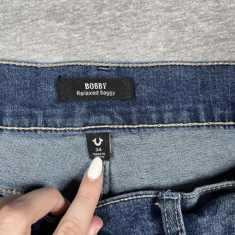 True Religion Bobby Relaxed Baggy Jeans Mens 35x31 Blue Medium Wash Embroidered